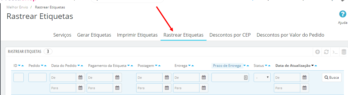 Menu de Rastreamento das Etiquetas do Módulo Melhor Envio para PrestaShop